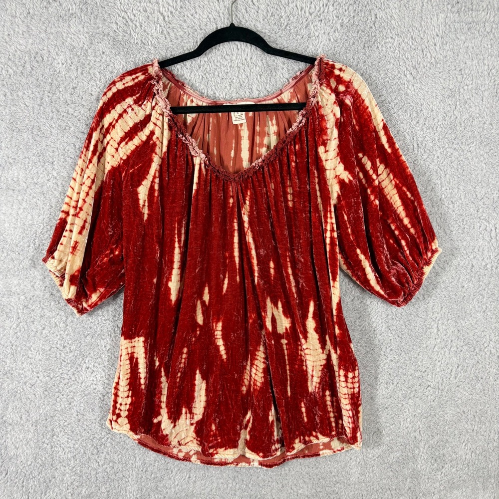 Sundance All Hours Silk Velvet Tie Dye Peasant Top Size S Red White Short Sleeve